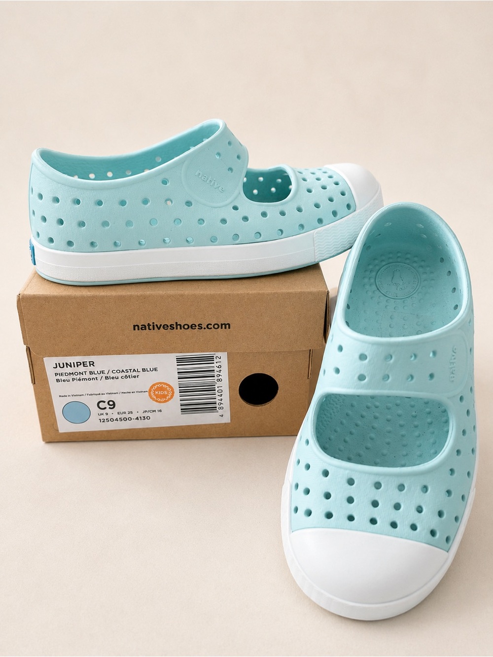 Natives Shoes C9 Juniper Kids Mary Jane Shoes in Coastal Blue and White - Summer